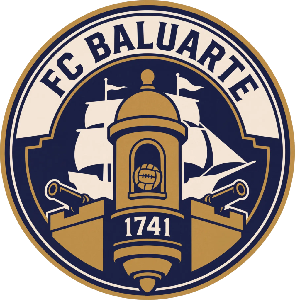 Escudo del FC Baluarte 1741: torre baluarte dorada con balón, cañones cruzados y galeón